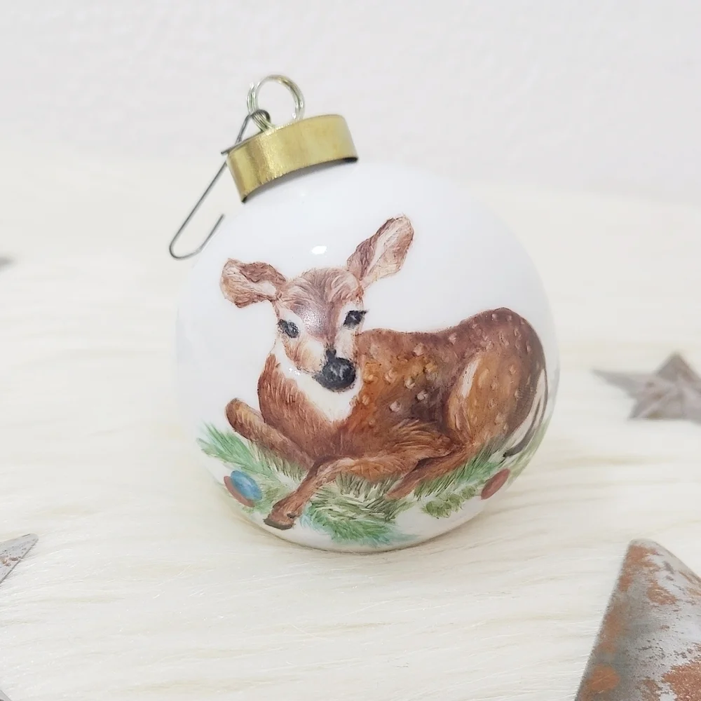 Vintage handpainted deer ornament woodland Christmas artist signed